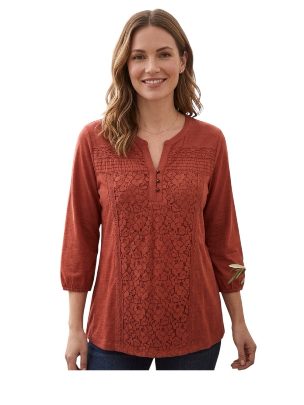 Style & Co. Rust Lace-Panel Henley Tunic, Size M